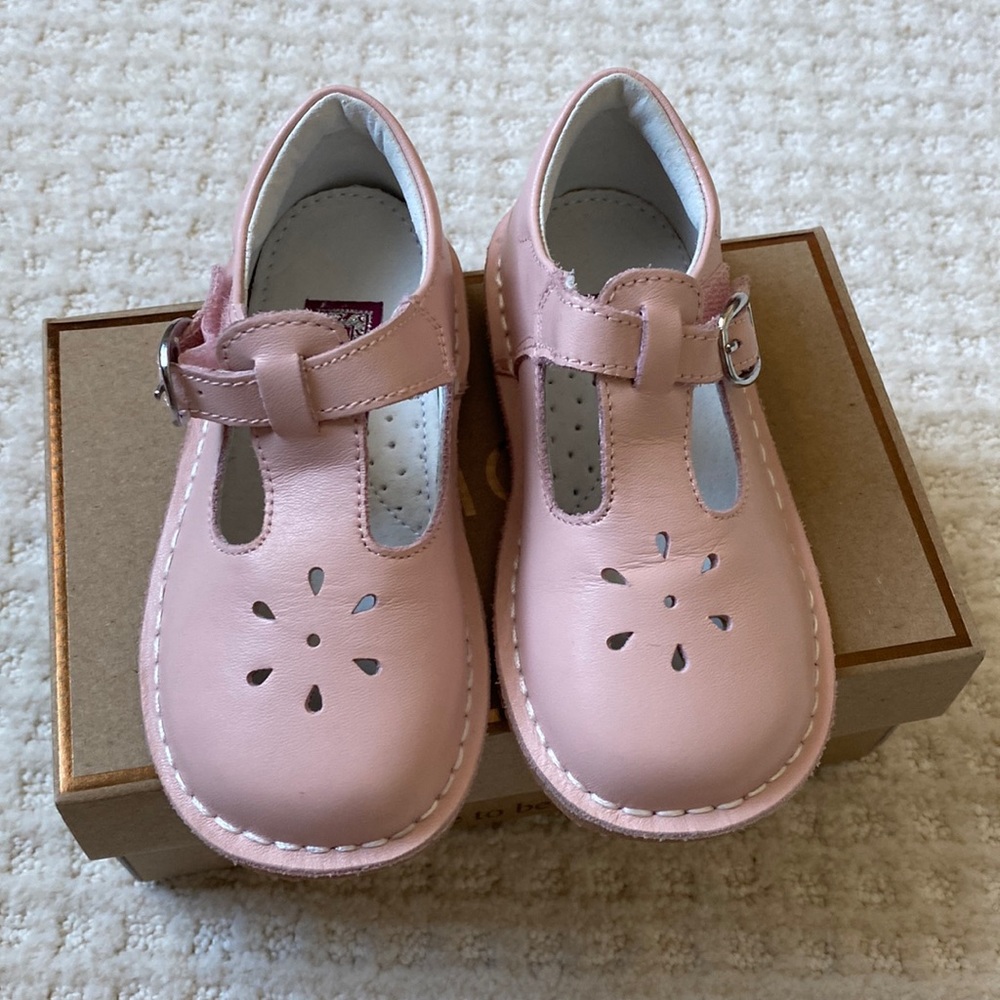 L'Amour Pink Leather T-Strap Dress Shoes for Kids
